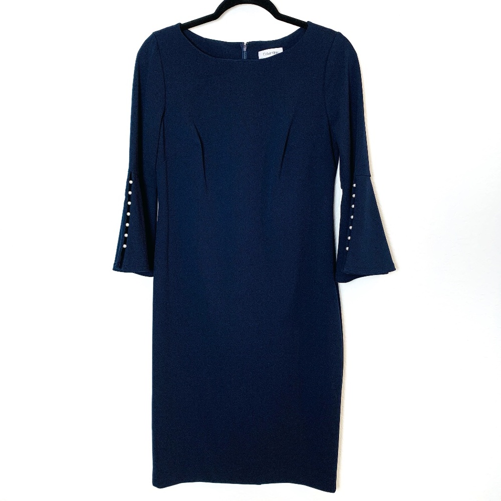 Calvin Klein Navy Blue Sheath Dress Size 10 Faux Pearl Detail Bell Sleeve Career